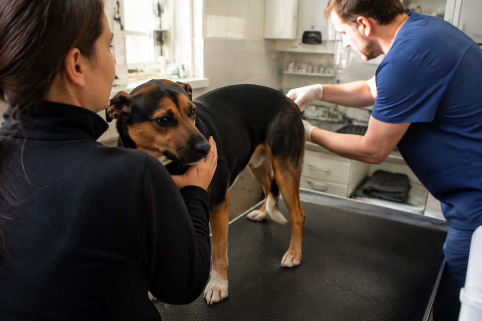 Veterinář šetrně vyšetřuje psa s potížemi v okolí konečníku